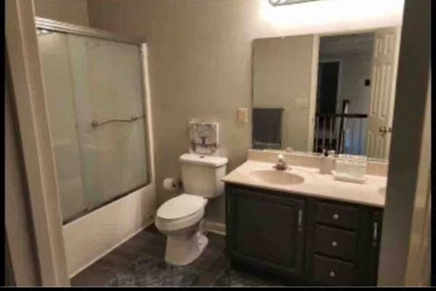 A bathroom with a toilet, sink, and shower.