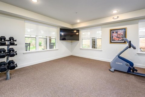 A room with a treadmill, dumbbells, and a flat screen TV.