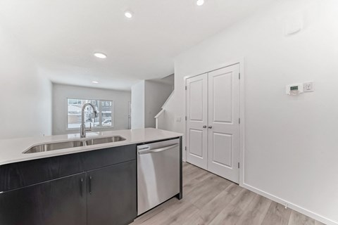 A modern kitchen with a sink, dishwasher, and cabinets.