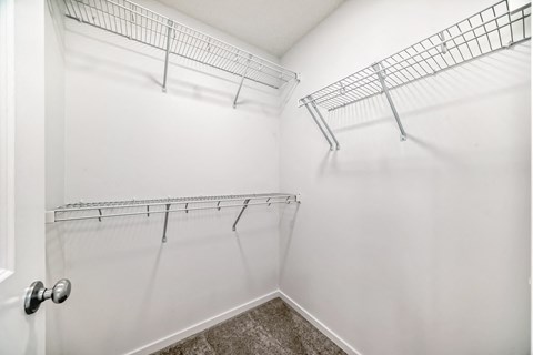 A white walk in closet with shelving.