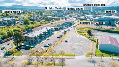 A bird's eye view of a downtown area with Elizabeth Station, Mt. Baker Theater, Pickford Theater, Downtown Bellingham, Ponderosa Beer & Books, and Trackside labeled.