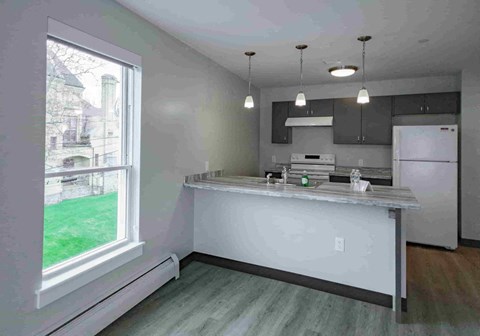 A kitchen with a white countertop and a window overlooking a green lawn.