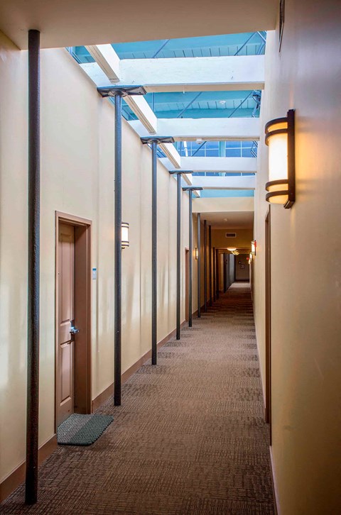 A long hallway with a carpeted floor and a skylight.