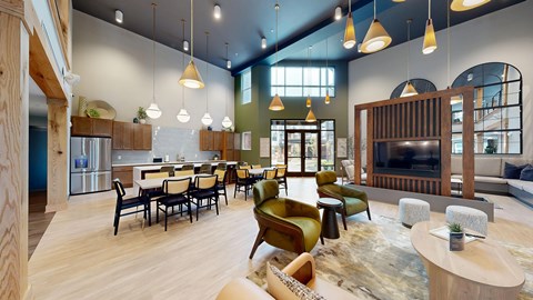 A modern dining area with a long table and chairs.