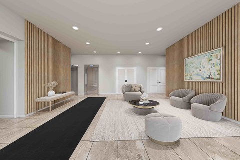 A modern living room with a black runner rug and grey armchairs.