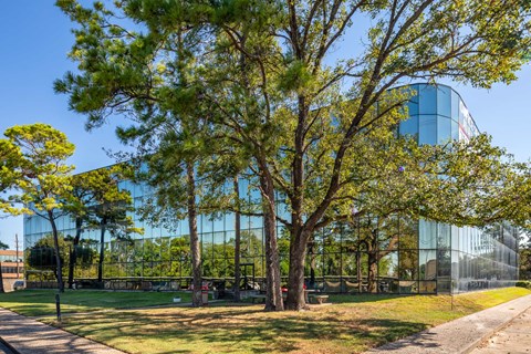 A modern glass building is surrounded by trees.