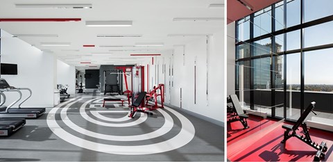A gym with a red and black circular pattern on the floor.