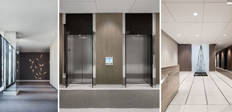 Three images of elevators in a building.