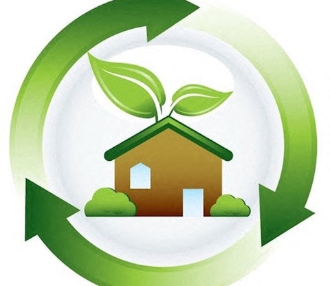 A house with a green leafy tree on the roof is encircled by three green arrows.