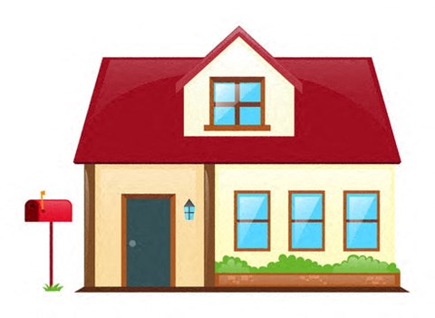 A house with a red roof and a blue door.