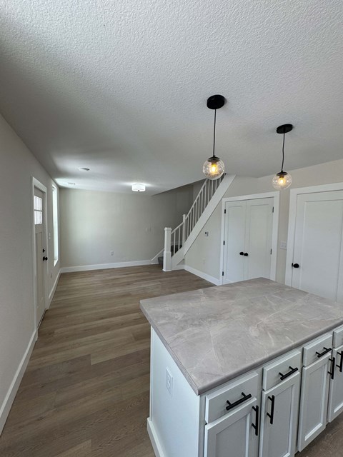 A kitchen with a countertop and cabinets.
