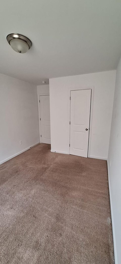 A room with carpeted floor and two white doors.