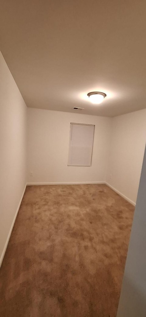 A room with a brown carpet and a white wall.