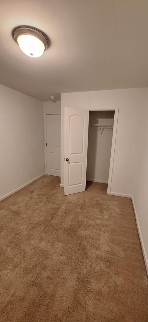 A carpeted room with a door and a light on the ceiling.