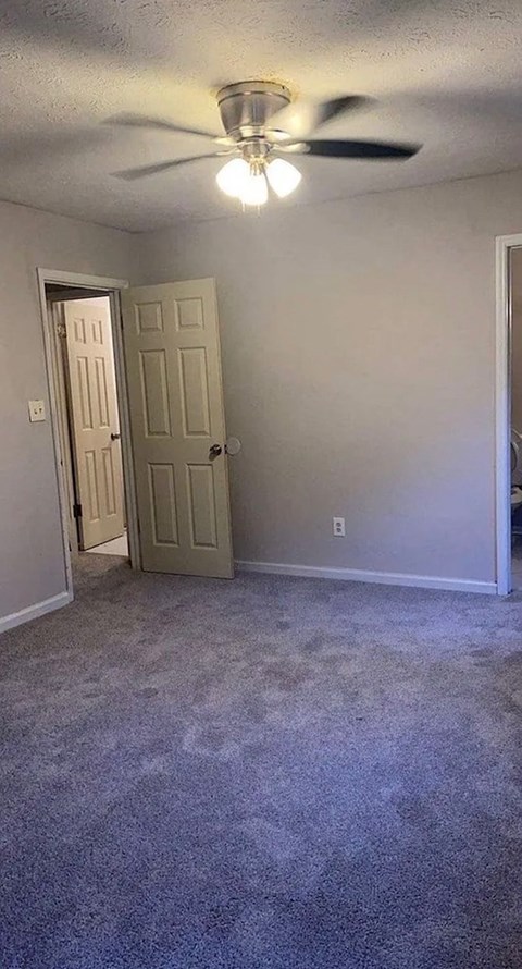 A room with a ceiling fan and carpeted floor.