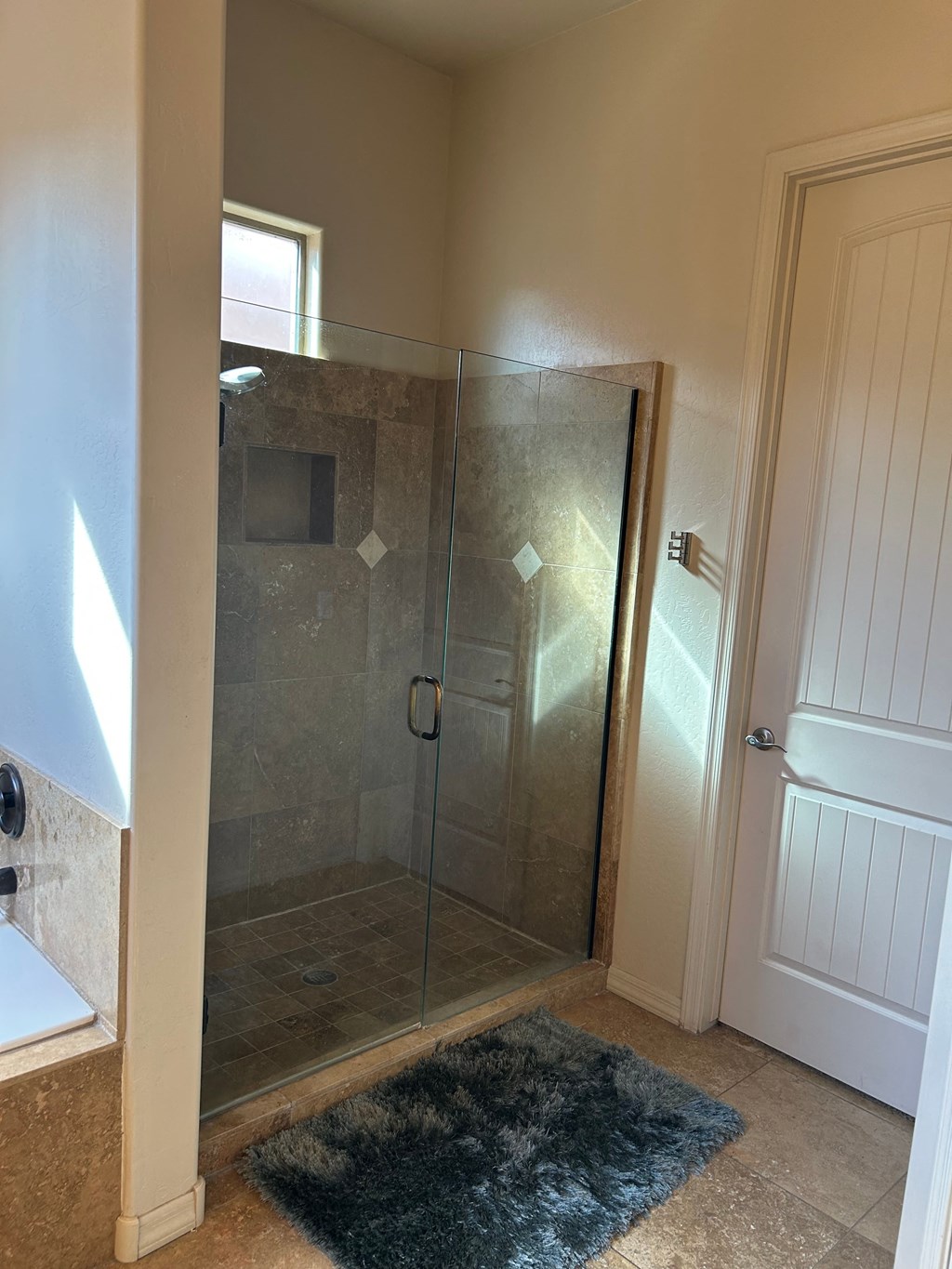 A bathroom with a glass shower door and a black rug on the floor.