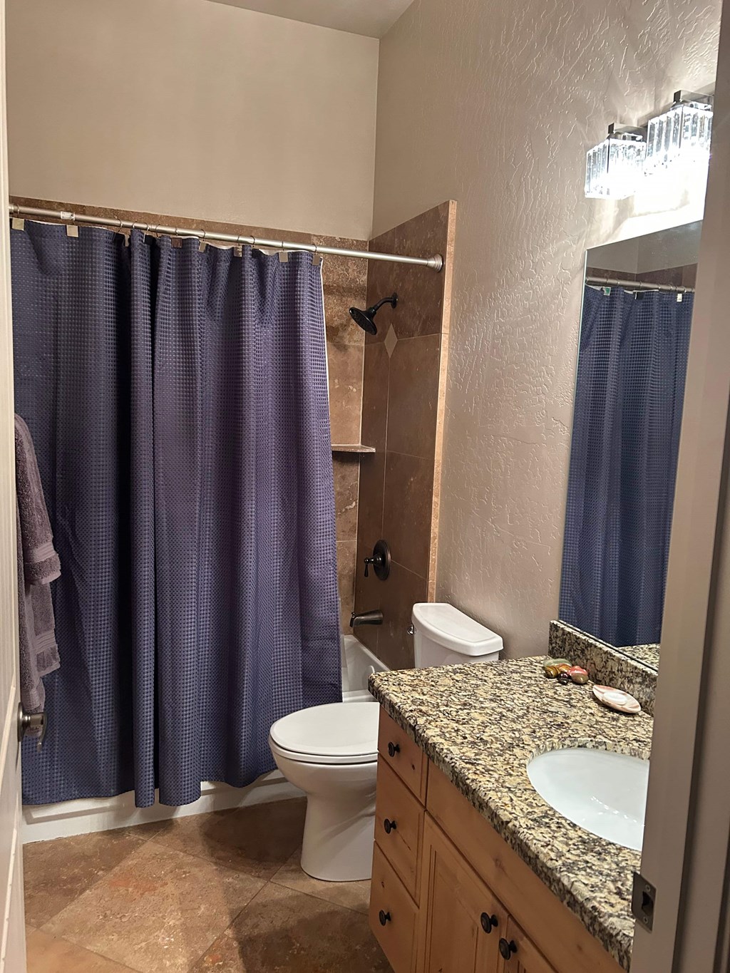 A bathroom with a toilet, sink, and shower curtain.
