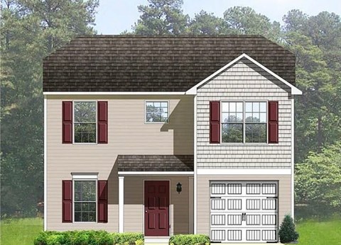 A two-story house with a garage on the right side.