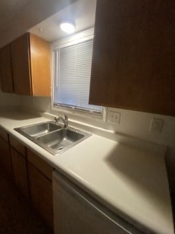 A kitchen with a sink and a window.