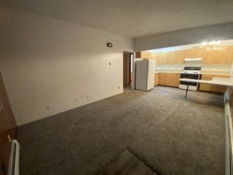 A room with a carpeted floor and a white door.