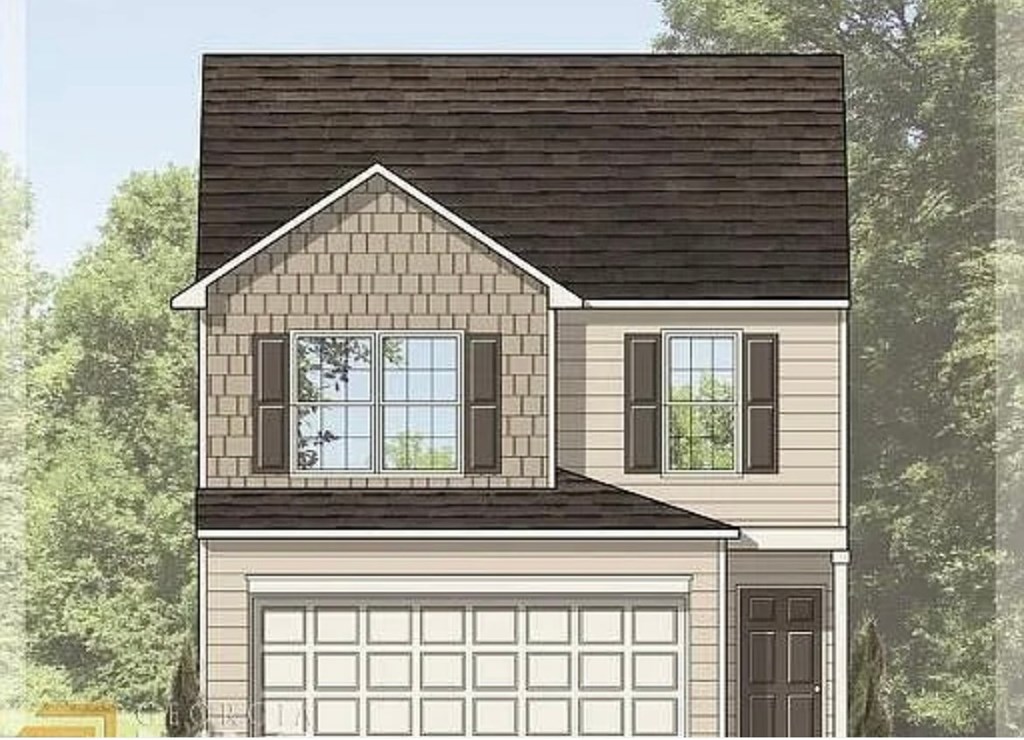 A two-story house with a garage is depicted in the image.