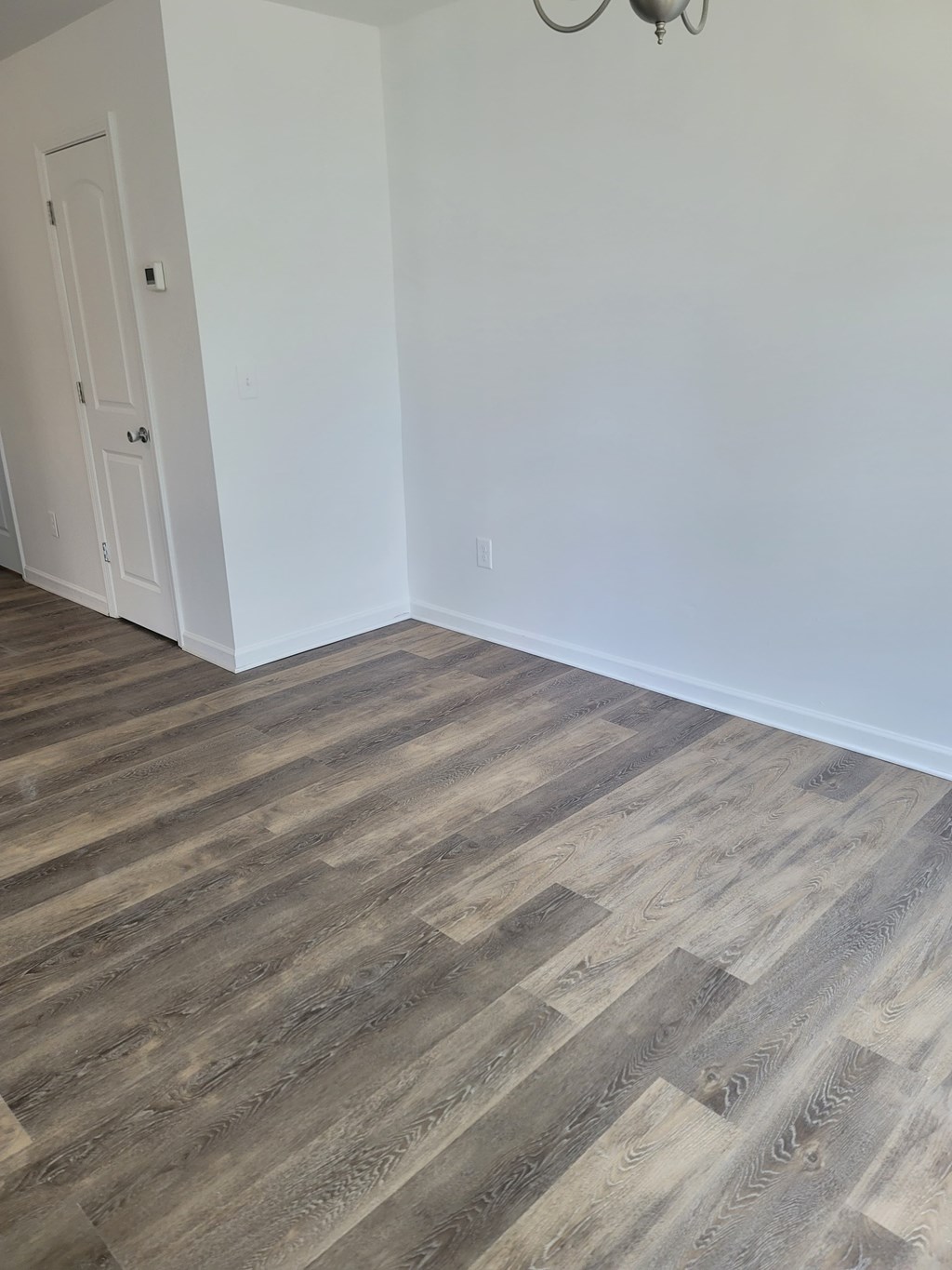 A room with a wooden floor and a white door.