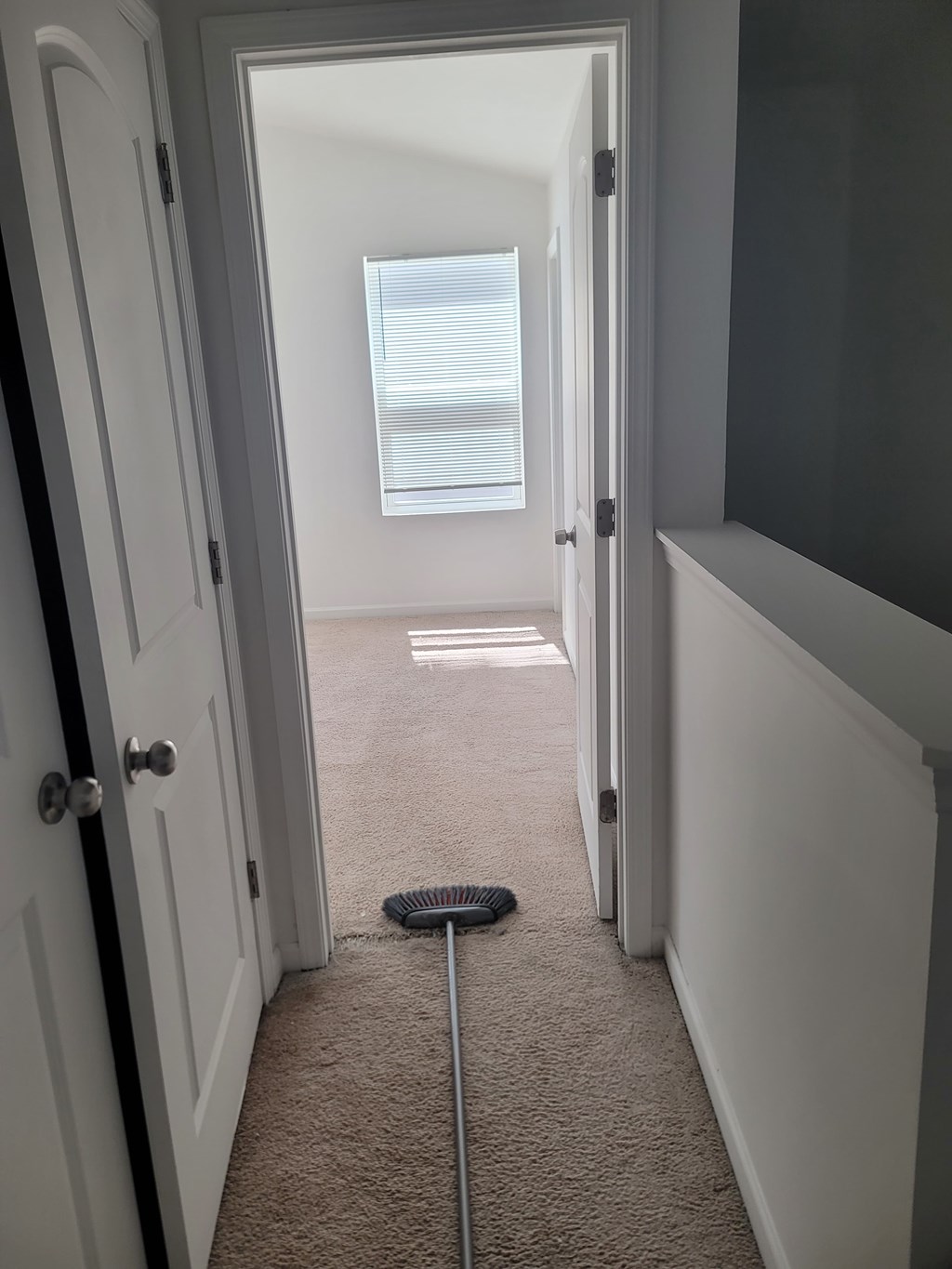 A hallway with a carpeted floor and a door on the left.
