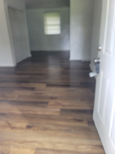 A hallway with a wooden floor and a white door.