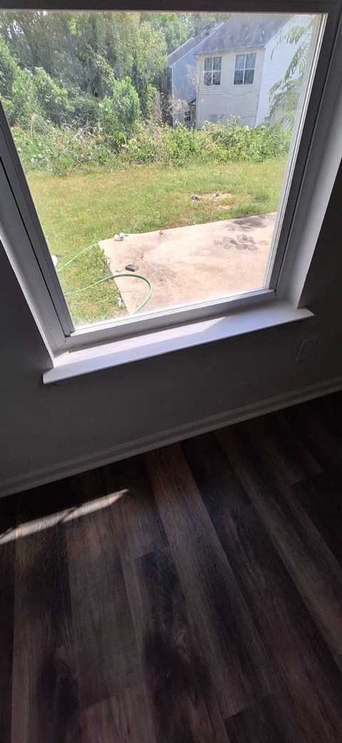 A window with a view of a backyard and a house.
