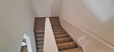 A staircase with a beige carpeted runner and white handrails.