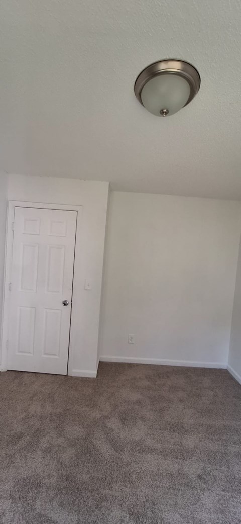 A white door is in a room with a ceiling light.