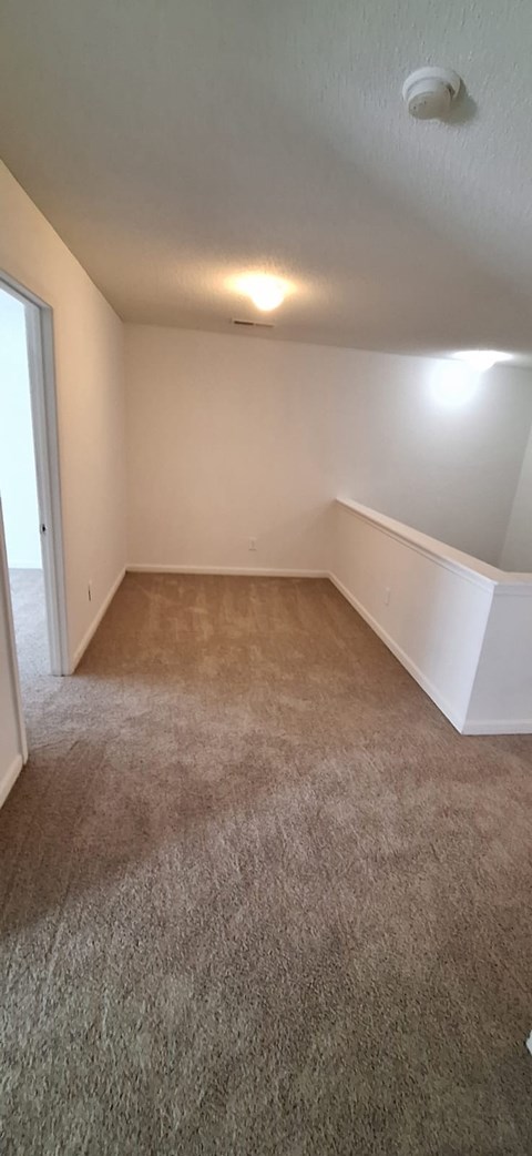 A room with a carpeted floor and a ceiling light.