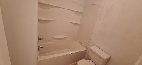 A white bathroom with a toilet and a bathtub.