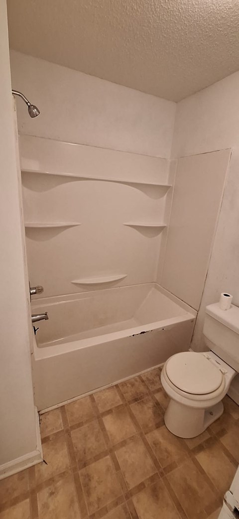 A white bathroom with a toilet and a bathtub.