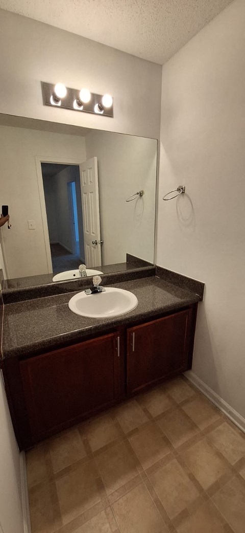 A bathroom with a sink and a mirror.