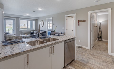 A kitchen with a sink and a window.