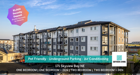 A building advertises one, two, or three bedroom apartments with a $1,000 security deposit for Skyview Living.