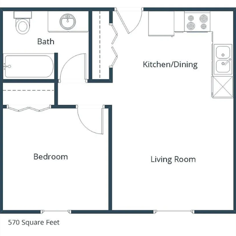 A floor plan of a house with a bath, kitchen/dining area, bedroom, and living room.