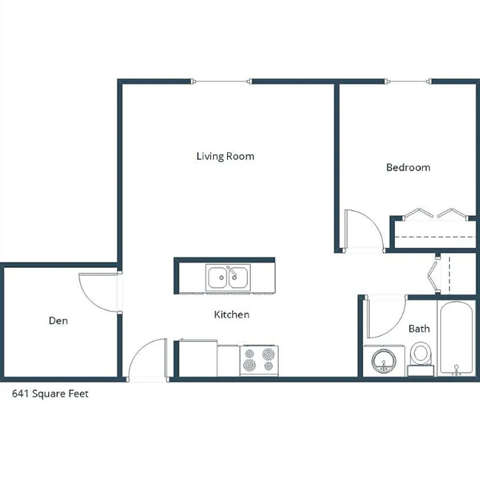 A floor plan of a 641 square feet home with a den, kitchen, living room, bedroom and bath.