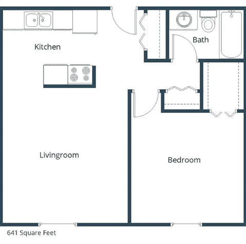 A floor plan of a 641 square feet home with a kitchen, living room, bedroom and bath.