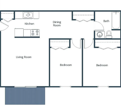 A floor plan of a house with a kitchen, dining room, two bedrooms, a bathroom, and a living room.