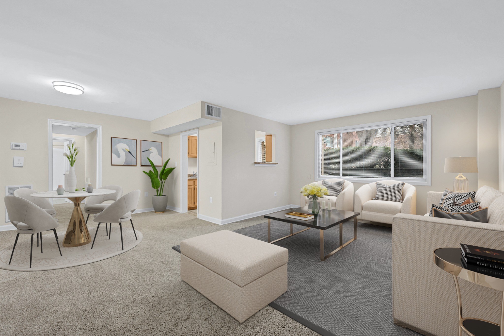 A living room with a grey carpet and furniture.