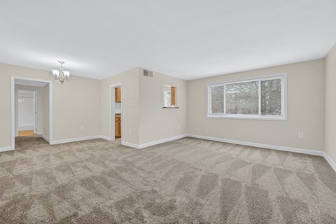 A spacious room with a carpeted floor and a window showing a snowy scene outside.