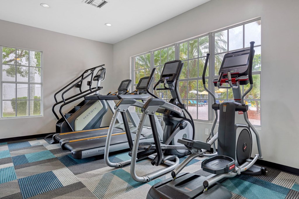 A gym with treadmills, exercise bikes and elliptical machines.