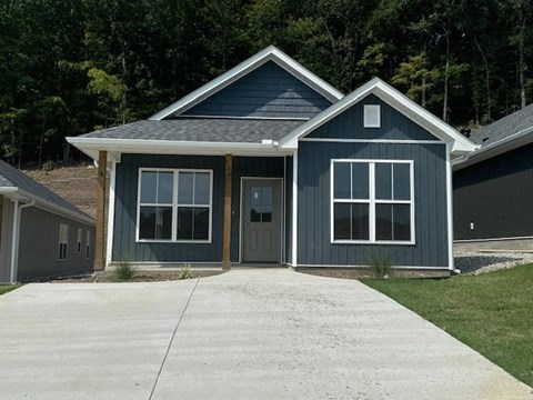 A blue house with a grey garage door and a brown door.