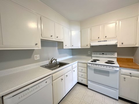 A white kitchen with a stove, sink, and cabinets.