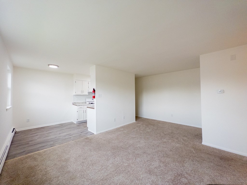 A large, empty room with a carpeted floor and white walls.