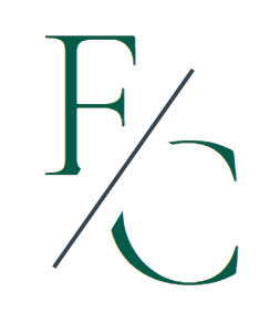A green letter F is split by a diagonal line.