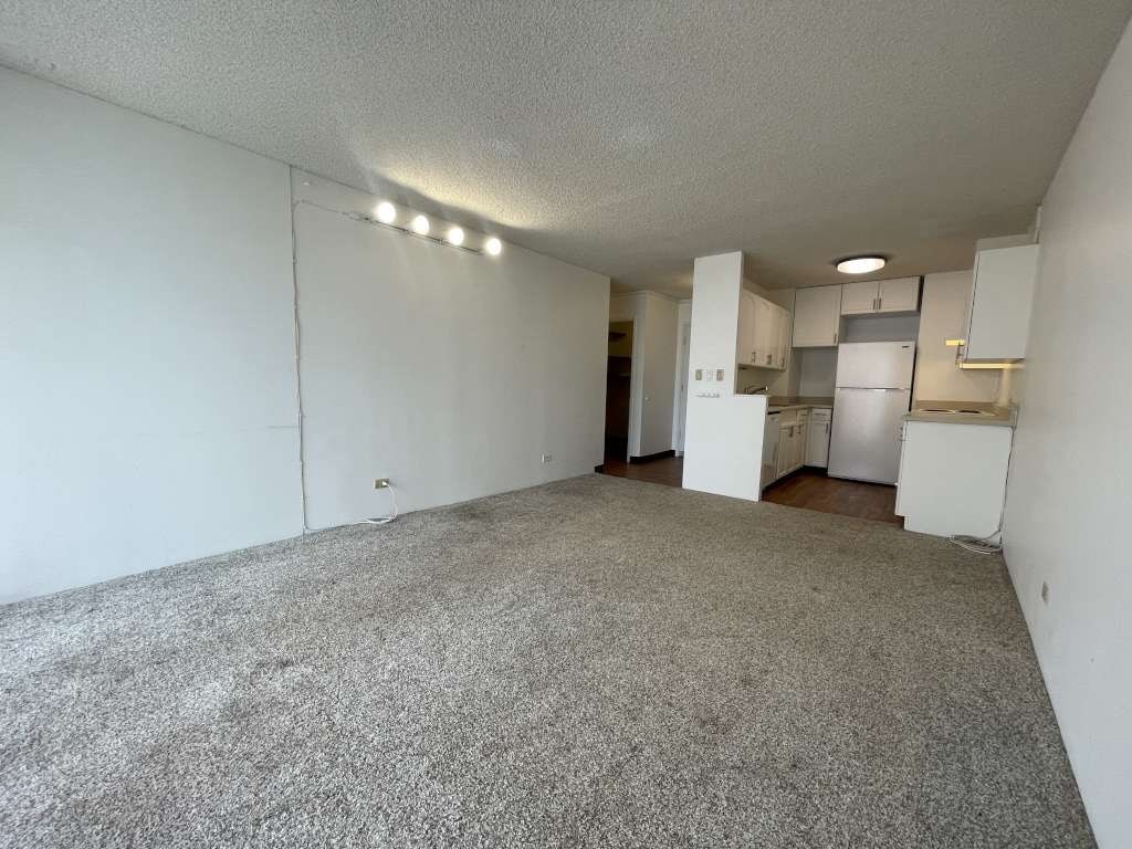 A sparsely furnished living space with a kitchen in the background.