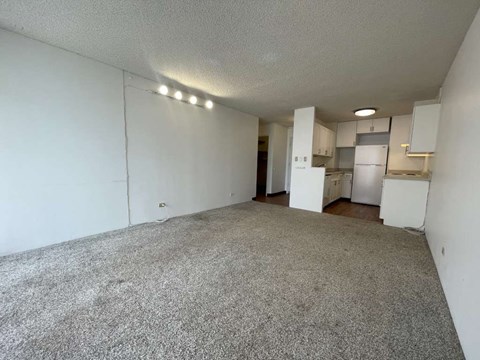 A sparsely furnished living space with a kitchen in the background.